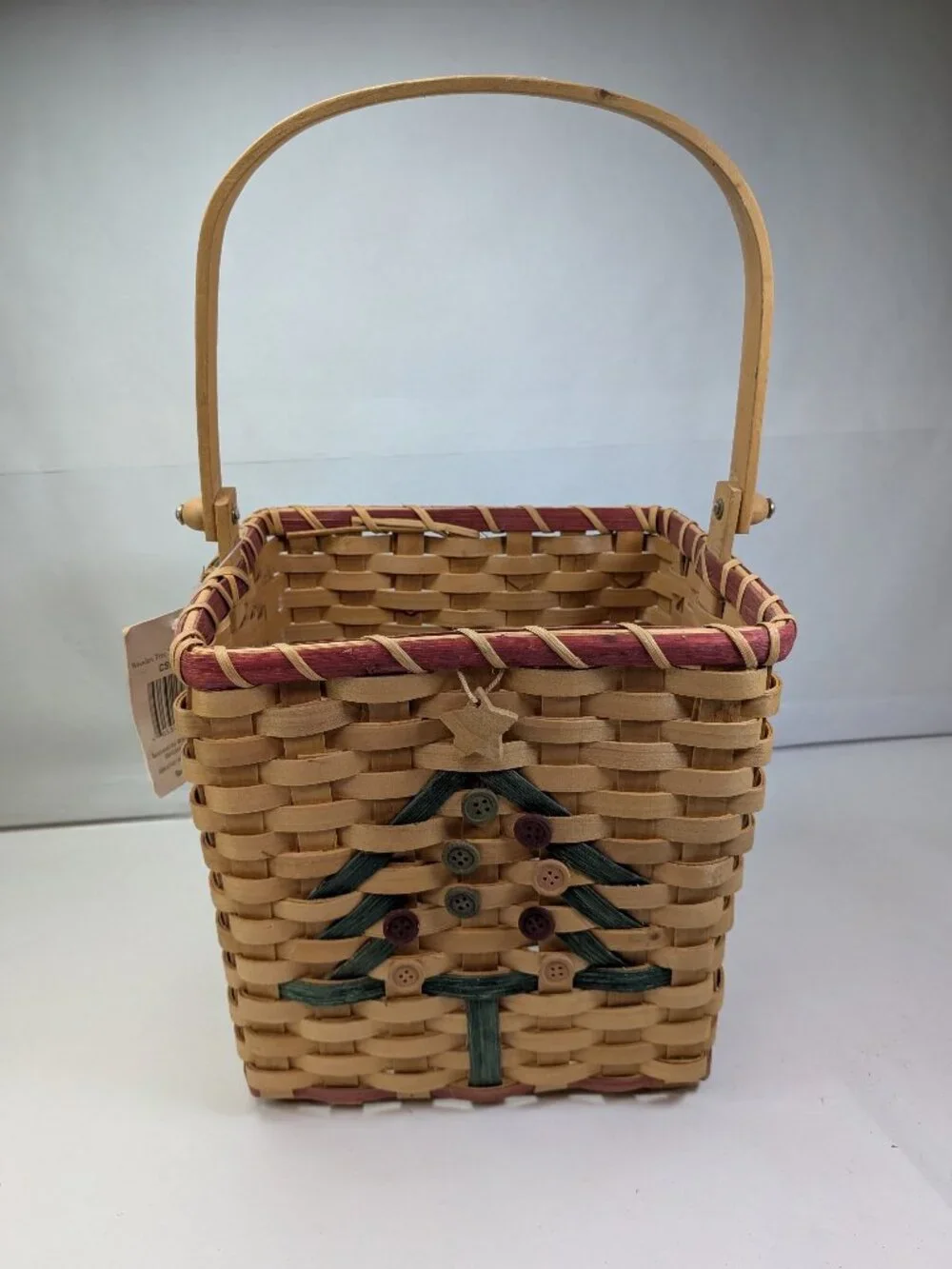 Rustic Country Farmhouse Christmas Tree Basket Drop Handle Wooden Button Star
